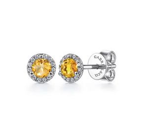 14K White Gold Halo Citrine and Diamond Stud Earrings