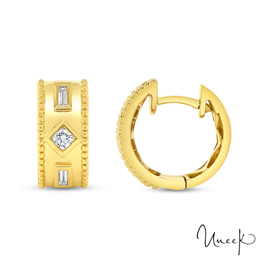 Lady's Yellow 18 Karat Filigree Small Hoop Earrings With 4 = 0.12Tw Baguette G/H Si2 Diamonds And 2 = 0.13Tw Round G/H Si2 Diamonds