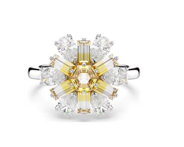 Idyllia cocktail ring Mixed cuts, Flower, Yellow, Rhodium plated 50-55