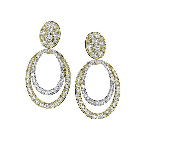 Lady's Two-Tone 18 Karat Drop Earrings With 146 = 1.92Twt Round G Vs1 Diamonds