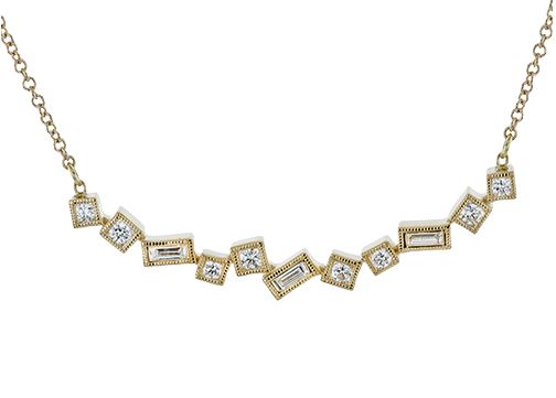 Lady's Yellow 14 Karat Bar Necklace Length 18 With 8 = 0.15Tw Round G Vs1 Diamonds And 3 = 0.10Tw Baguette G Vs1 Diamonds