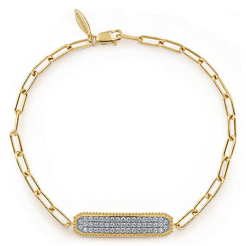 14K Yellow Gold Diamond Pave' Wide Bar Hollow Chain Bracelet