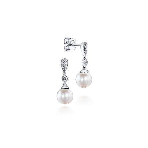 14k White Gold Vintage Inspired Style Diamond Pearl Drop Earrings
