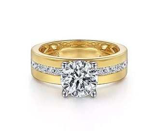 14k Yellow-white Gold Wide Band Round Diamond Engagement Ring - 0.60 ct
