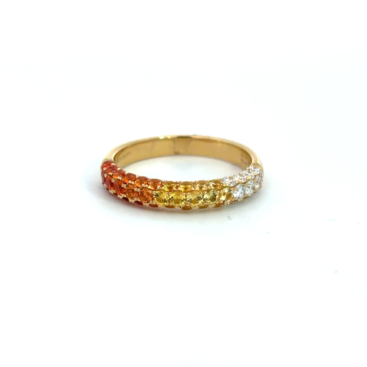 Lady's Yellow 18 Karat Stackable Fashion Ring Size 6.5 With 31 = 0.95Twt Round Sapphires And 12 = 0.29Twt Round H Si1 Diamonds