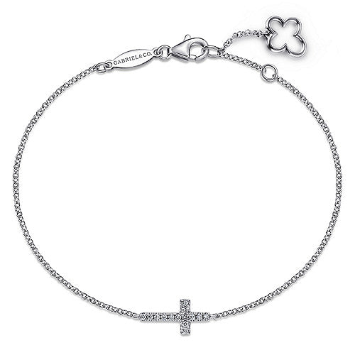 14k White Gold Chain Bracelet With Horizontal Diamond Cross - 0.06 ct