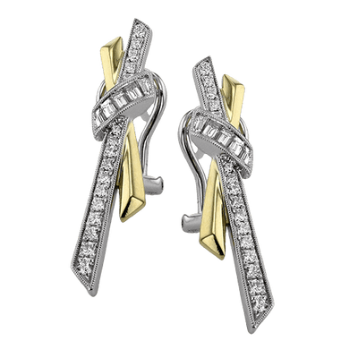 Lady's Two-Tone 18 Karat Earrings With 32=0.23Tw Round G Vs1 Diamonds And 10=0.25Tw Baguette Garnets