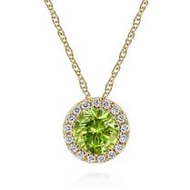 14k Yellow Gold Peridot And Diamond Halo Pendant Necklace