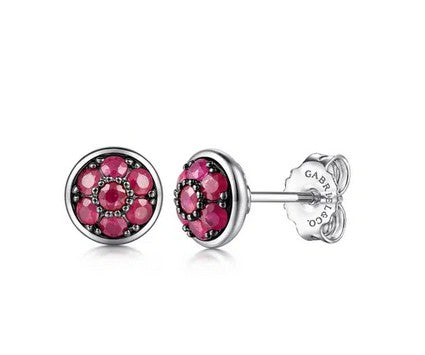 925 Sterling Silver Round Ruby Cluster Stud Earrings