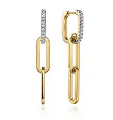 14k Yellow Gold Diamond Link Hollow Chain Drop Earrings