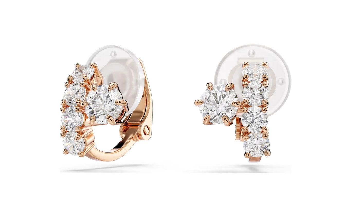 Matrix clip earrings Round cut, White, 18K rose gold finish
