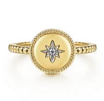 Lady's Yellow 14 Karat Signet Fashion Ring Size 6.5 With One 0.01Ct Round I I1 Diamond
