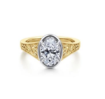 Alloy Vintage Inspired 14K White-Yellow Gold Oval Solitaire Diamond Engagement Ring