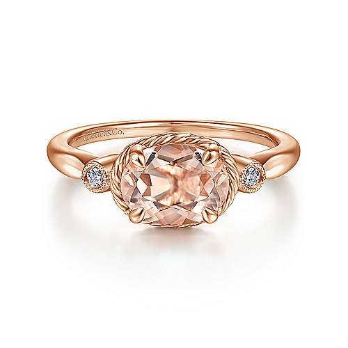 14K Rose Gold Horizontal Oval Morganite and Diamond Three Stone Ring