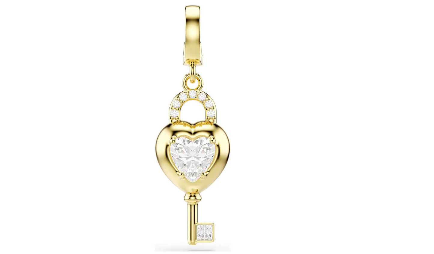 Idyllia charm Mixed cuts, Heart with key, White, Gold-tone plated