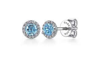 14k White Gold Diamond Halo & Swiss Blue Topaz Stud Earrings