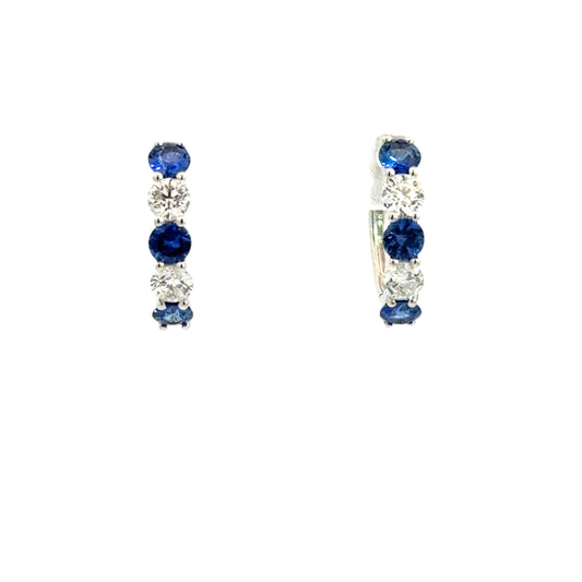 Lady's White 14 Karat Small Hoop Earrings With 6 = 0.86Tw Round Sapphires And 4 = 0.54Tw Round G/H Si2 Diamonds
