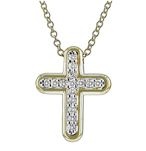 Lady's Two-Tone 14 Karat Cross Pendant Length 18 With 15 = 0.12Tw Round G Vs1 Diamonds
