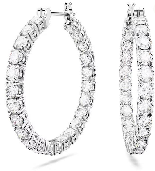 Matrix hoop earrings Round cut, White, Rhodium plated