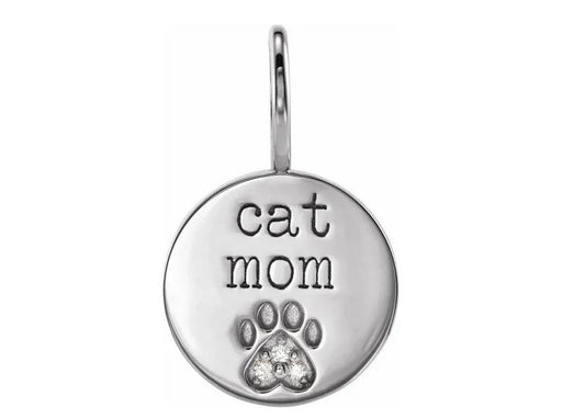 Sterling Silver .01 CTW Natural Diamond Engraved Cat Mom Paw Print Pendant with 18" Cable Chain
