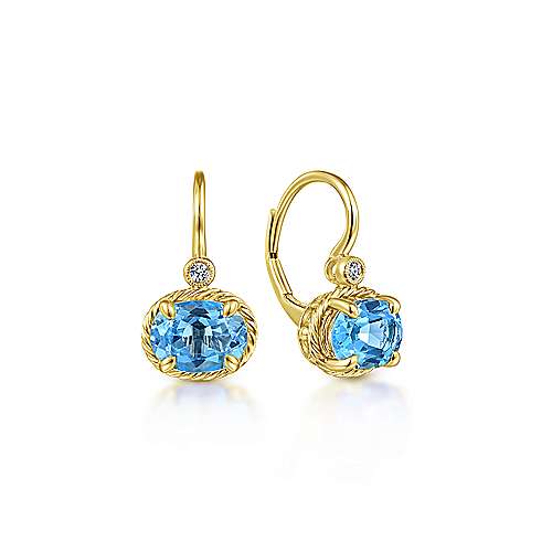 14k Yellow Gold Oval Swiss Blue Topaz Diamond Drop Earrings