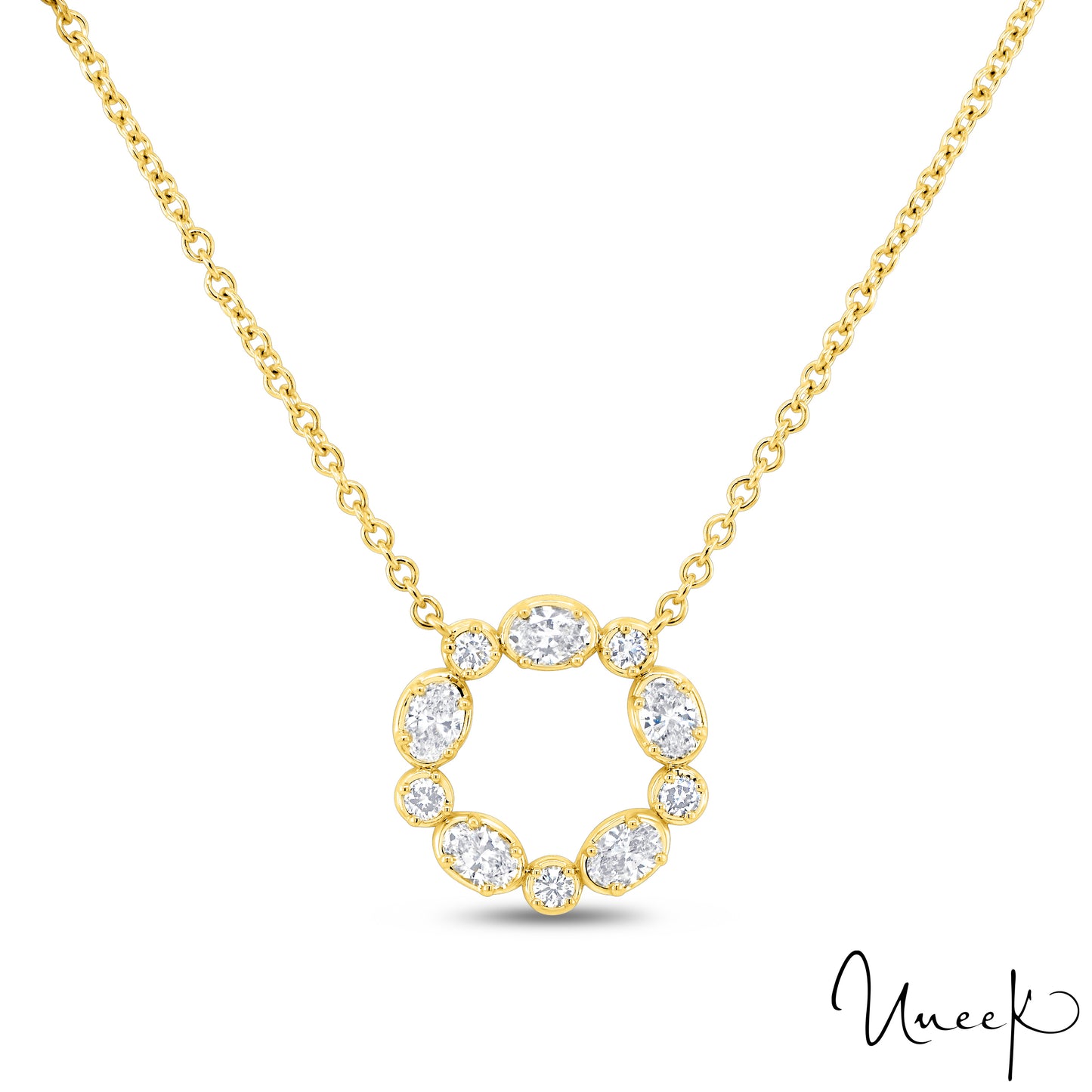 Lady's Yellow 18 Karat Free Form Pendant Length 18 With 5 = 0.16Tw Round G Vs2 Diamonds And 5 = 0.69Tw Oval G Vs2 Diamonds