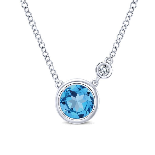 925 Sterling Silver Blue Topaz and Diamond Pendant Necklace