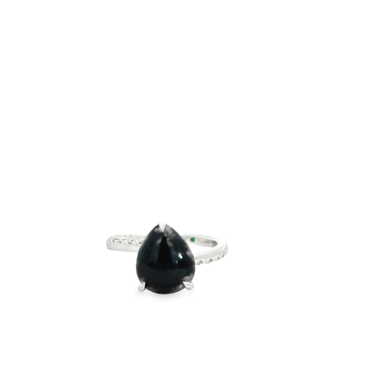 Lady's White 14 Karat Emerald May Fashion Ring Size 6.5 With One = Pear Jade, 10 = 0.12Twt Round G/H Si2 Diamonds And 0.265 Twt Other Stones