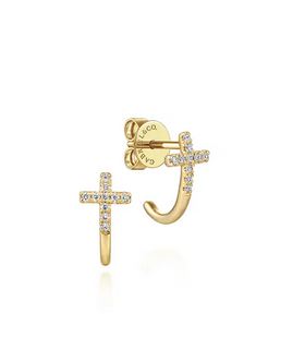 14K Yellow Gold J Curve Diamond Cross Stud Earrings