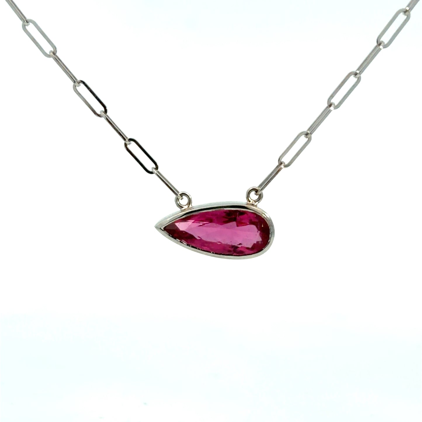 Lady's White 14 Karat Bezel Necklace Length 18 With One = 2.98Ct Pear Rubellite Tourmaline