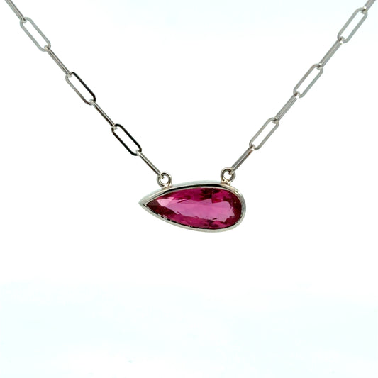 Lady's White 14 Karat Bezel Necklace Length 18 With One = 2.98Ct Pear Rubellite Tourmaline
