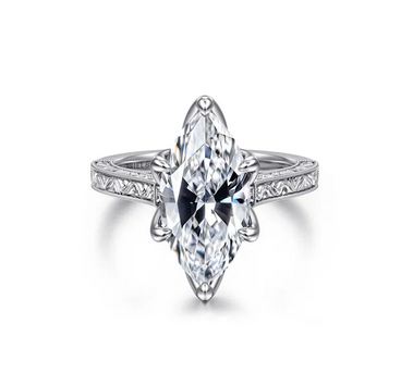 Allloy Vintage Inspired 14K White Gold Marquise Shape Solitaire Diamond Engagement Ring
