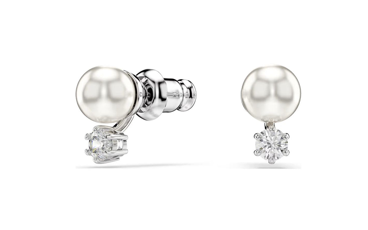 Matrix stud earrings Crystal pearl, Round cut, White, Rhodium plated