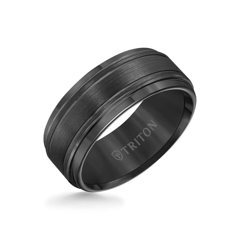 Triton 9MM Tungsten Carbide Ring - Bright Cut Parrelel Lines Satin Center and Step Edge