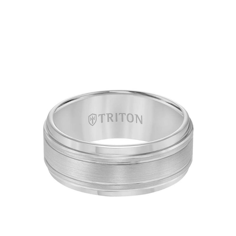 Triton 9MM Tungsten Carbide Ring - Bright Cut Parrelel Lines Satin Center and Step Edge