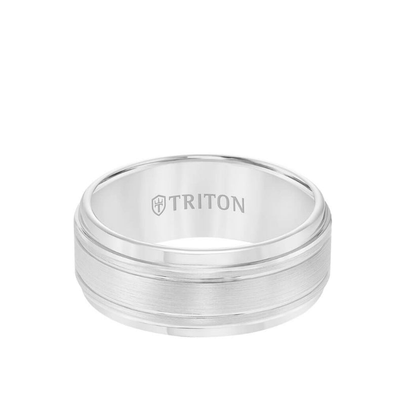 Triton 9MM Tungsten Carbide Ring - Bright Cut Parrelel Lines Satin Center and Step Edge