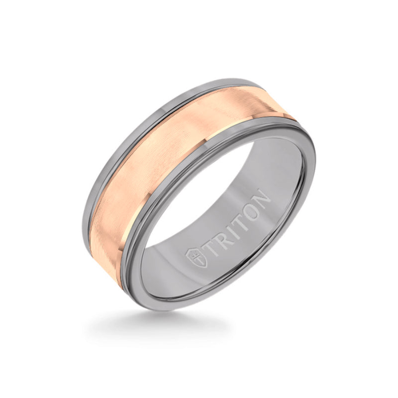 Triton 8MM Grey Tungsten Carbide Ring - Linear 14K Rose Gold Insert with Round Edge