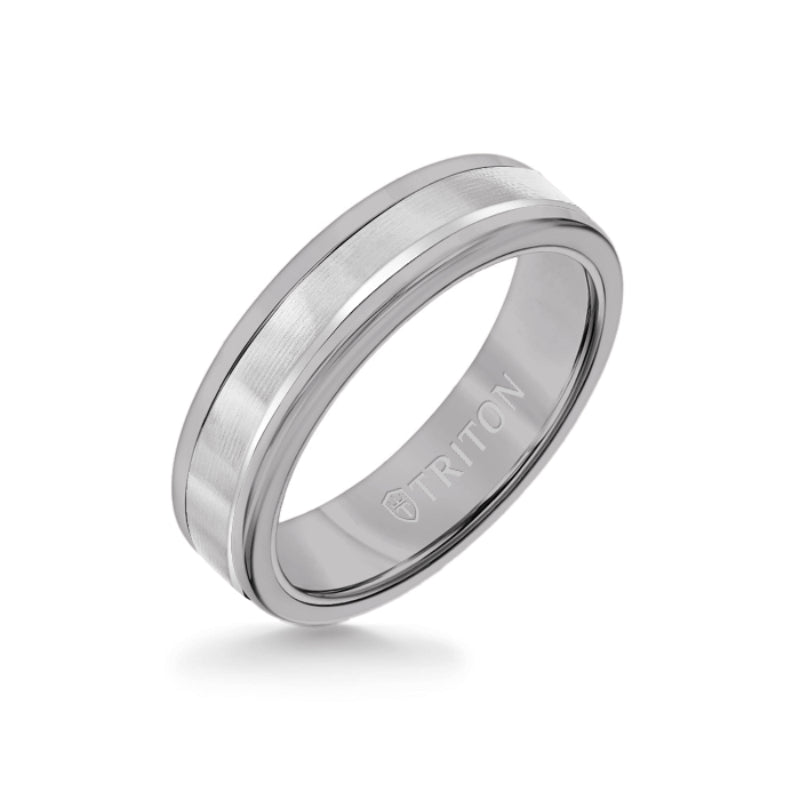 Triton 6MM Grey Tungsten Carbide Ring - Linear 14K White Gold Insert with Round Edge