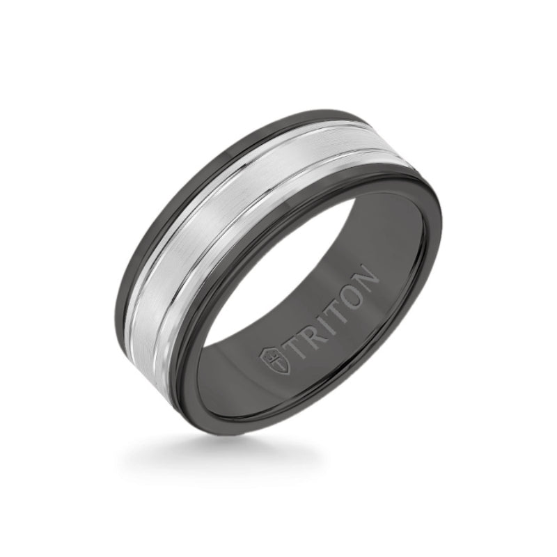 Triton 8MM Black Tungsten Carbide Ring - Double Engraved 14K White Gold Insert with Round Edge