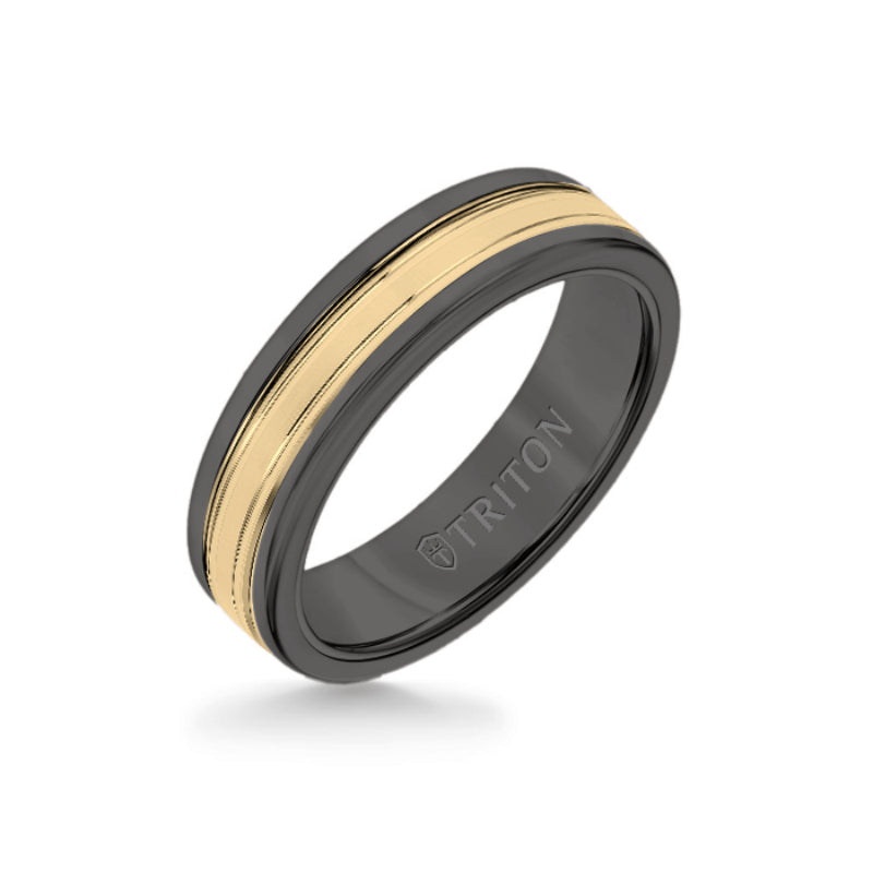 Triton 6MM Black Tungsten Carbide Ring - Double Engraved 14K Yellow Gold Insert with Round Edge