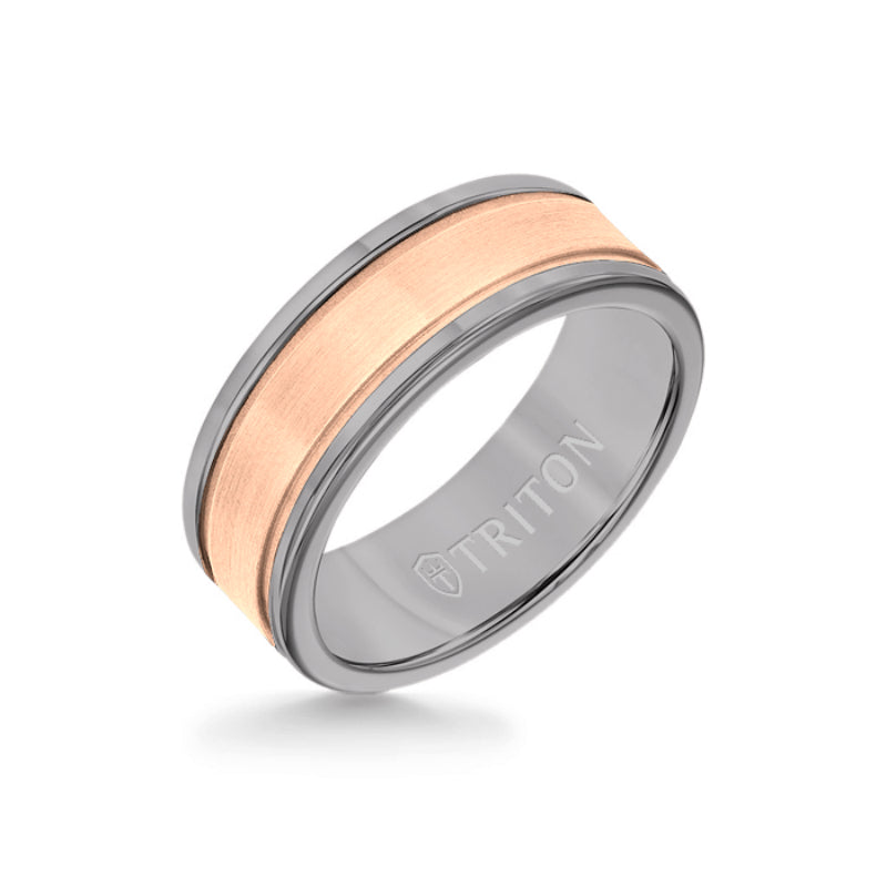 Triton 8MM Grey Tungsten Carbide Ring - Step Edge 14K Rose Gold Insert with Round Edge