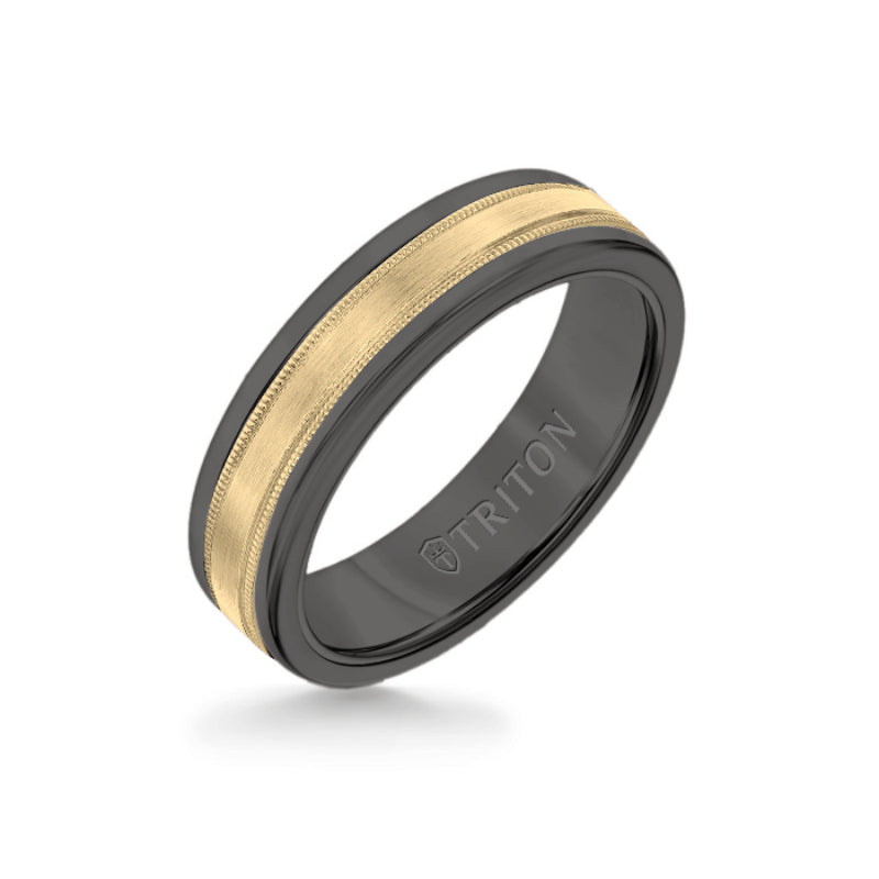 Triton 6MM Black Tungsten Carbide Ring - Flat Milgrain 14K Yellow Gold Insert with Round Edge