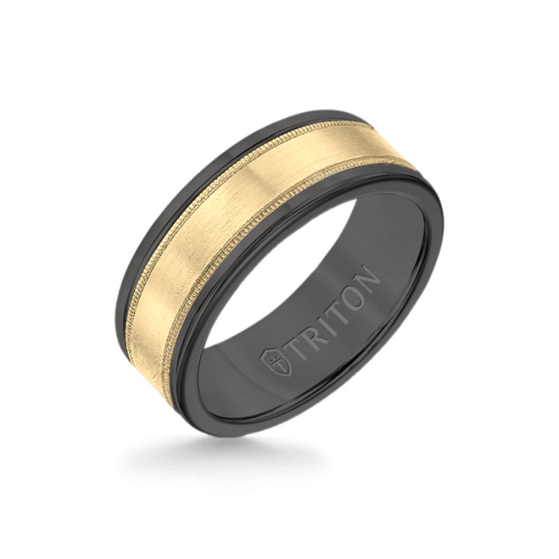 Triton 8MM Black Tungsten Carbide Ring - Flat Milgrain 14K Yellow Gold Insert with Round Edge