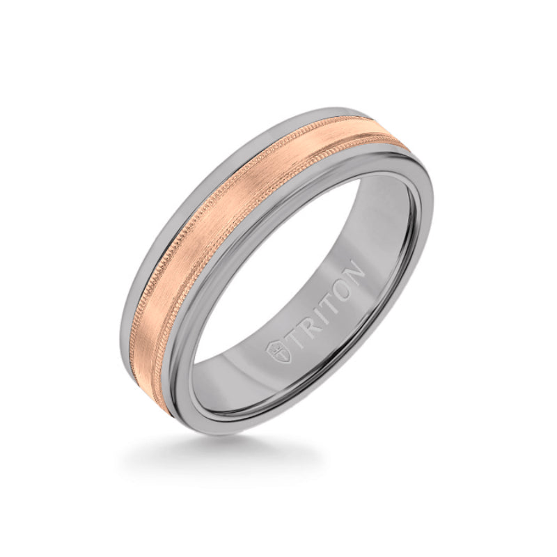Triton 6MM Grey Tungsten Carbide Ring - Flat Milgrain 14K Rose Gold Insert with Round Edge