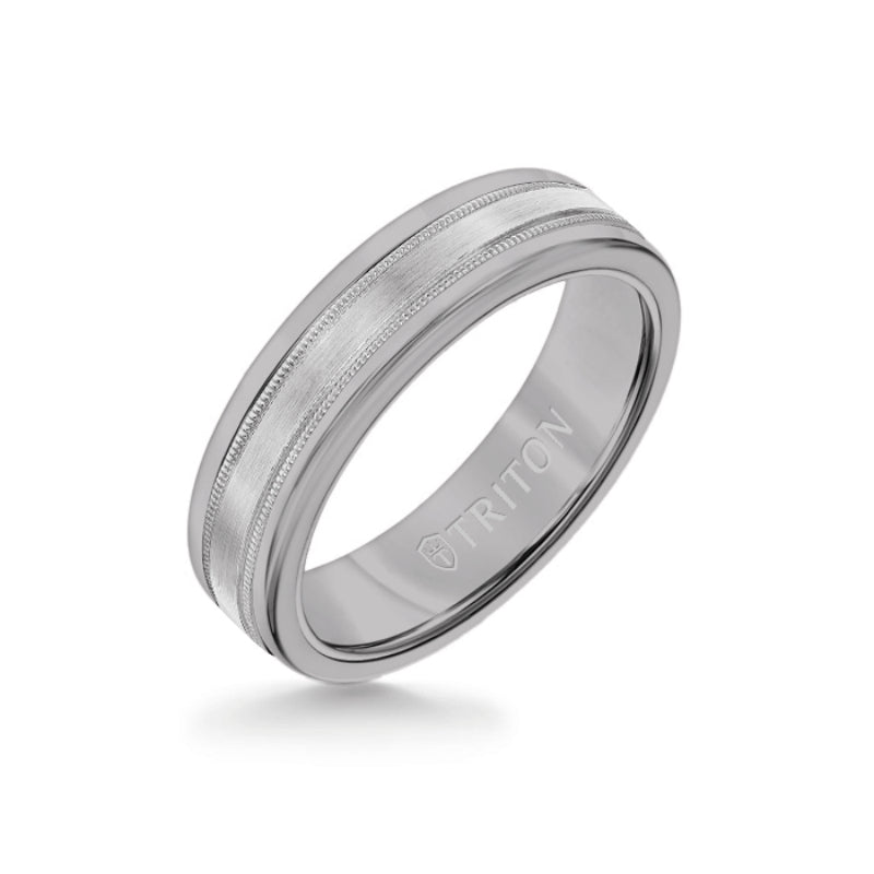 Triton 6MM Grey Tungsten Carbide Ring - Flat Milgrain 14K White Gold Insert with Round Edge