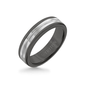 Triton 6MM Black Tungsten Carbide Ring - Center Milgrain 14K White Gold Insert with Round Edge