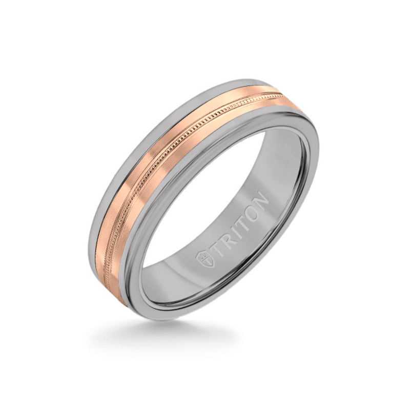 Triton 6MM Grey Tungsten Carbide Ring - Center Milgrain 14K Rose Gold Insert with Round Edge