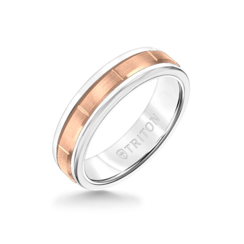 Triton 6MM White Tungsten Carbide Ring - Vertical Cut 14K Rose Gold insert with Round Edge