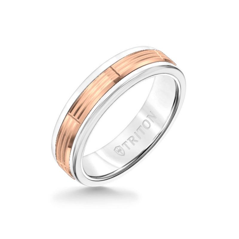 Triton 6MM White Tungsten Carbide Ring - Serrated Vertical Cut 14K Rose Gold Insert with Round Edge
