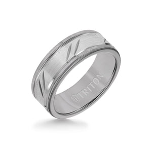 Triton 8MM Grey Tungsten Carbide Ring - Bevel Diagonal Cut 14K White Gold Insert with Round Edge